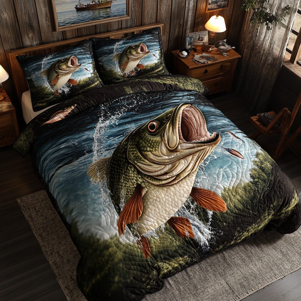 Lake Legend quilted 3-piece bedding set on a made bed with two matching pillow shams