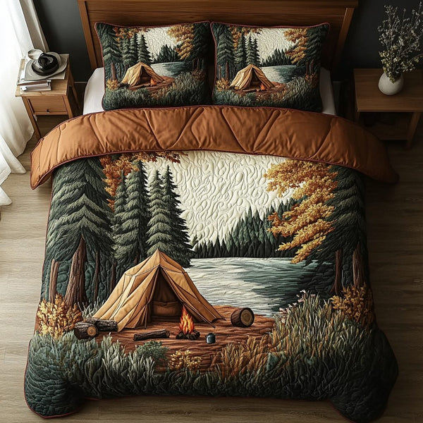 Lake Lodge quilted 3-piece bedding set on a made bed with two matching pillow shams