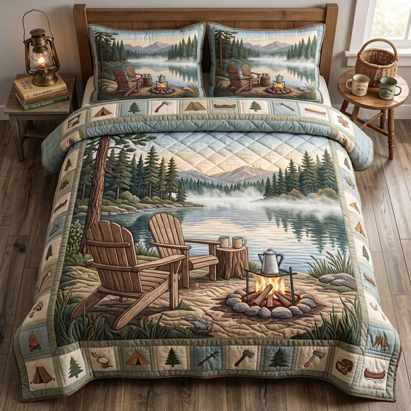 Lake Morning Camp quilted 3-piece bedding set on a made bed with two matching pillow shams