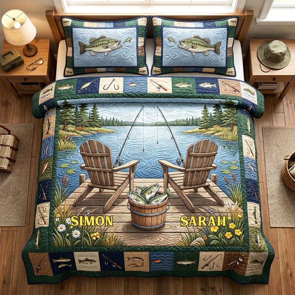 Lake Retreat Personalized Custom quilted 3-piece bedding set on a made bed with two matching pillow shams