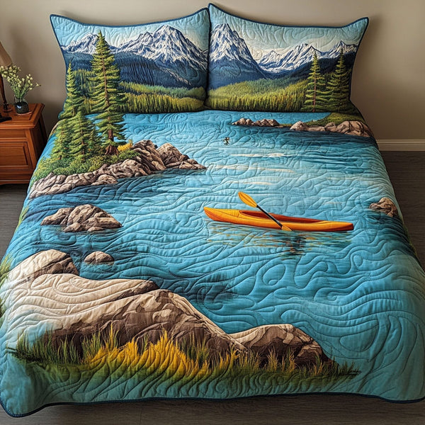 Lake Tahoe Adventure quilted 3-piece bedding set on a made bed in a winter-styled bedroom