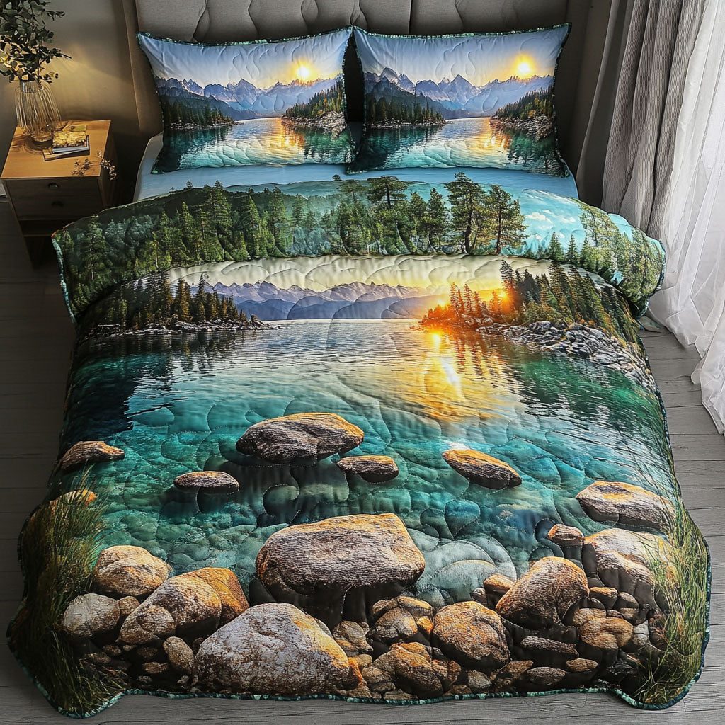 Lake Tahoe Bliss quilted 3-piece bedding set on a made bed with two matching pillow shams