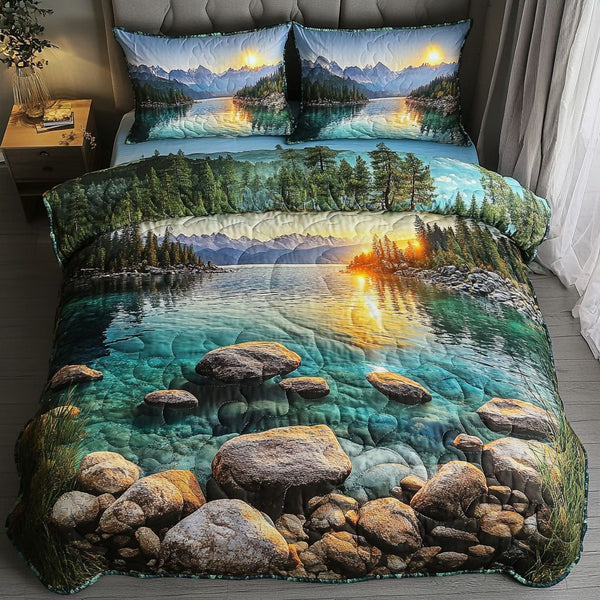 Lake Tahoe Bliss quilted 3-piece bedding set on a made bed with two matching pillow shams