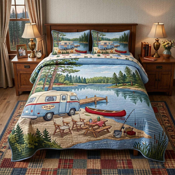 Lake Van quilted 3-piece bedding set on a made bed with two matching pillow shams