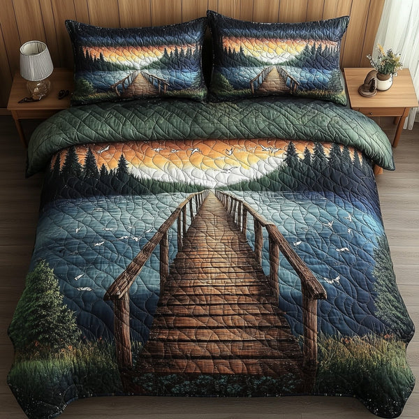 Lake Wooden Dock quilted 3-piece bedding set on a made bed with two matching pillow shams