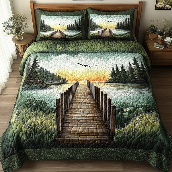 Lake Wooden Dock quilted 3-piece bedding set on a made bed with two matching pillow shams