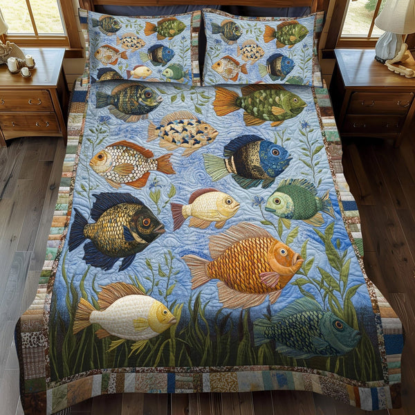 Lakeshore Delight quilted 3-piece bedding set on a made bed in a light coastal bedroom