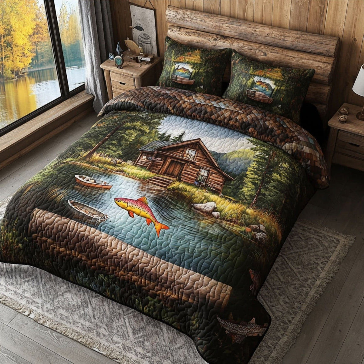 Lakeside Adventures quilted 3-piece bedding set on a made bed in a winter-styled bedroom