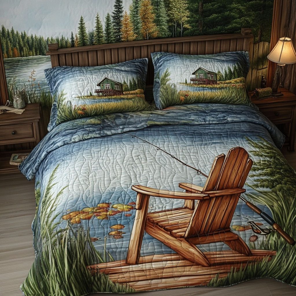 Lakeside and Chair Escape quilted 3-piece bedding set on a made bed with two matching pillow shams