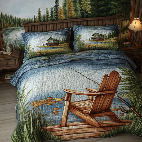 Lakeside and Chair Escape quilted 3-piece bedding set on a made bed with two matching pillow shams