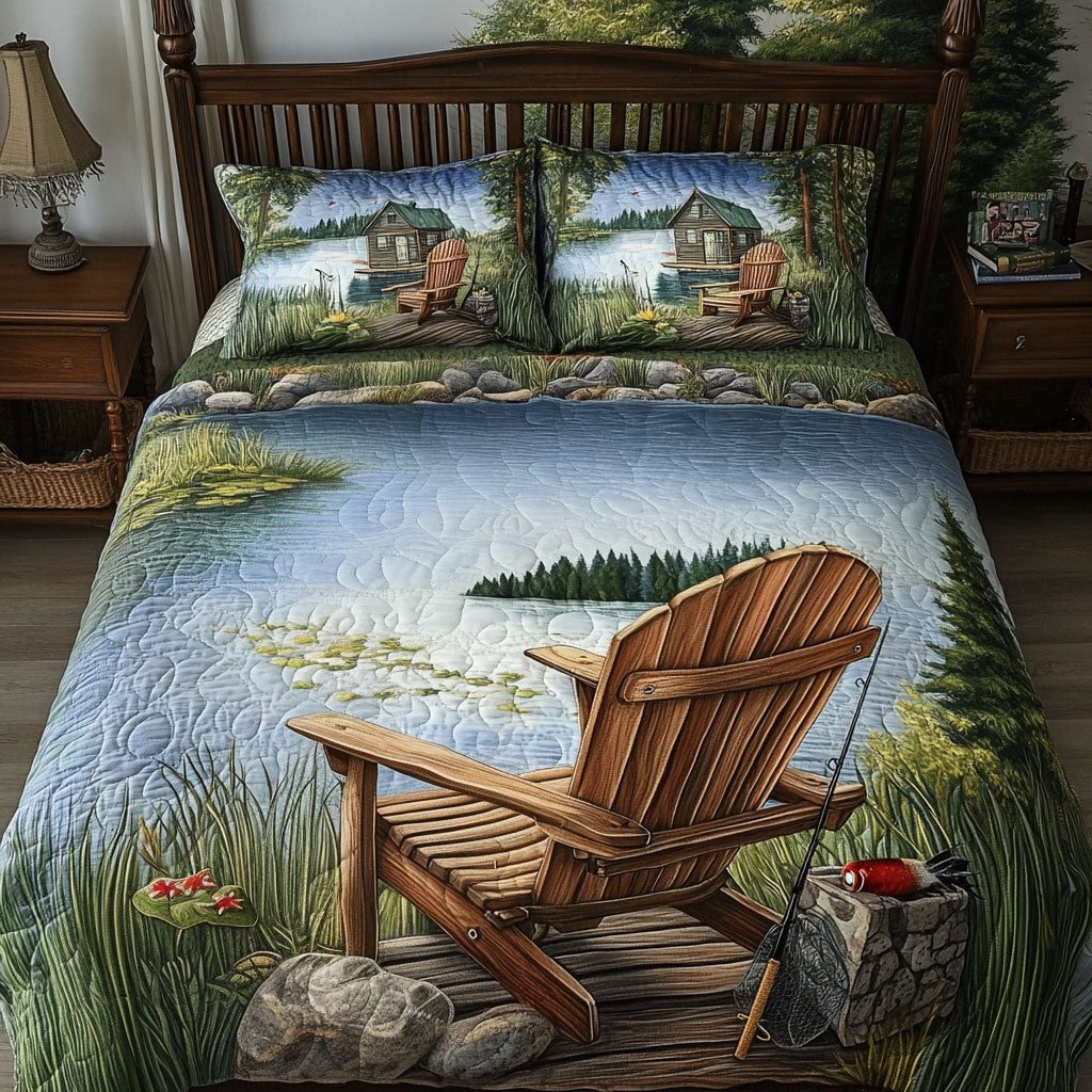 Lakeside Angler quilted 3-piece bedding set on a made bed with two matching pillow shams