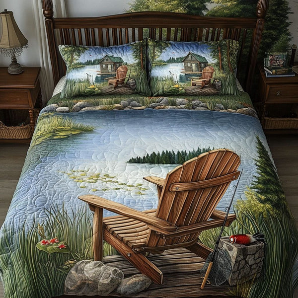 Lakeside Angler quilted 3-piece bedding set on a made bed with two matching pillow shams