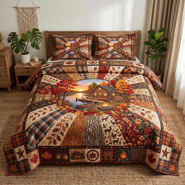 Lakeside Autumn quilted 3-piece bedding set on a made bed with two matching pillow shams