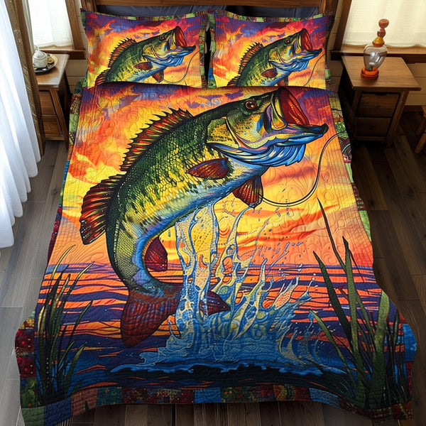 Lakeside Bass quilted 3-piece bedding set on a made bed with two matching pillow shams