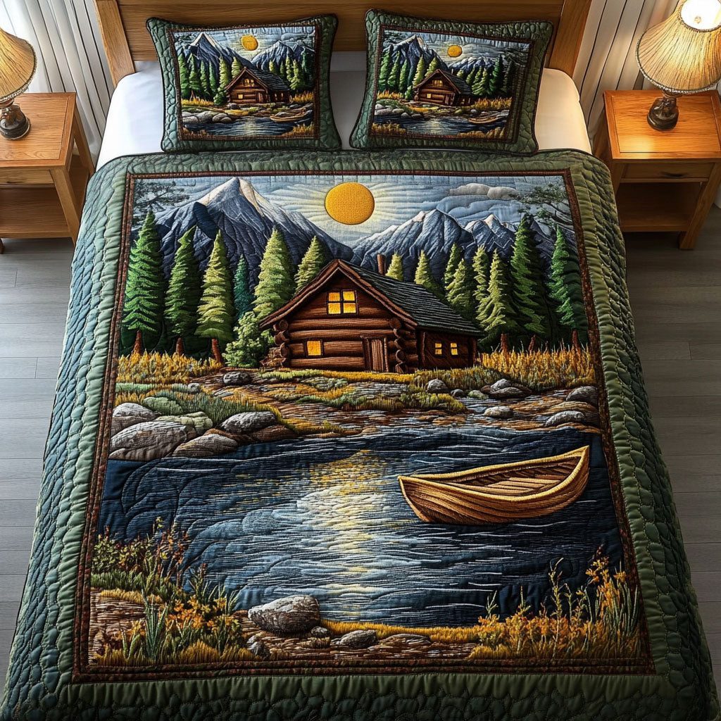 Lakeside Cabin Canoe quilted 3-piece bedding set on a made bed with two matching pillow shams