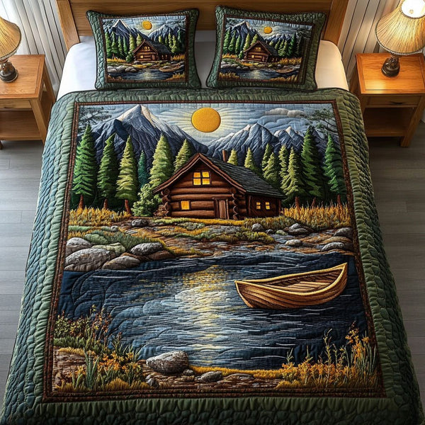 Lakeside Cabin Canoe quilted 3-piece bedding set on a made bed with two matching pillow shams