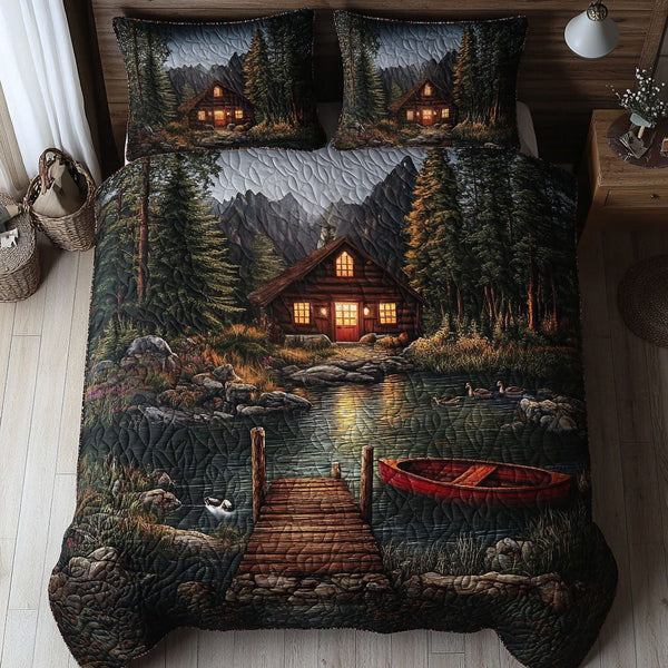 Lakeside Cabin Dock quilted 3-piece bedding set on a made bed with two matching pillow shams