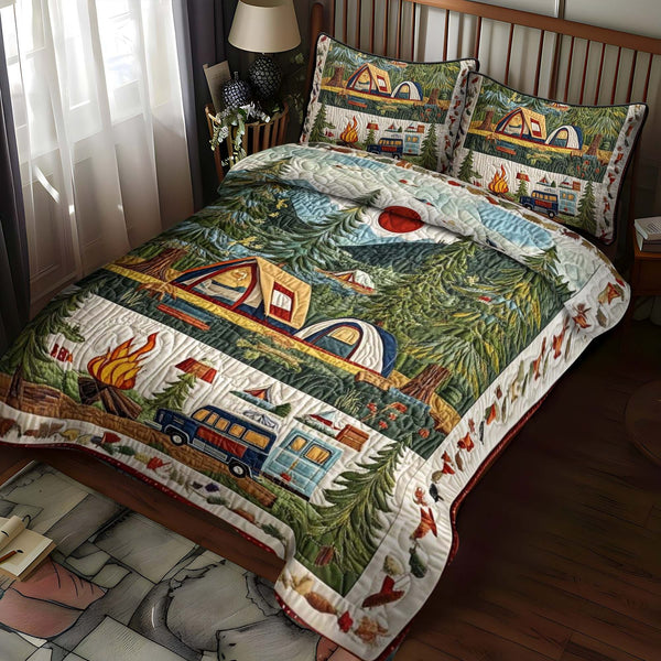 Lakeside Camp quilted 3-piece bedding set on a made bed with two matching pillow shams