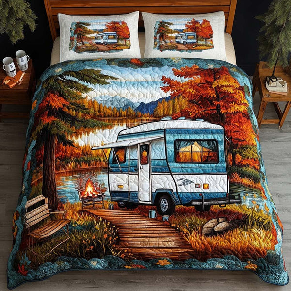 Lakeside Campfire Camper quilted 3-piece bedding set on a made bed with two matching pillow shams