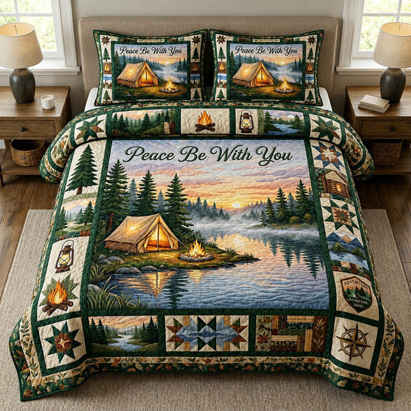 Lakeside Campfire quilted 3-piece bedding set on a made bed with two matching pillow shams