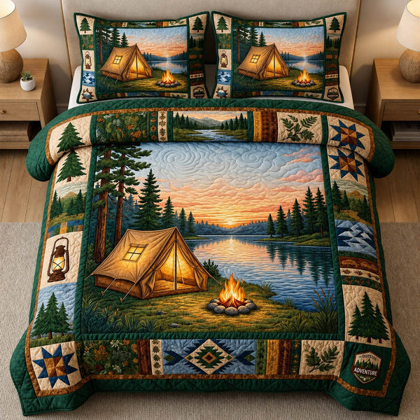 Lakeside Campfire quilted 3-piece bedding set on a made bed with two matching pillow shams