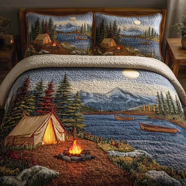 Lakeside Camping quilted 3-piece bedding set on a made bed with two matching pillow shams