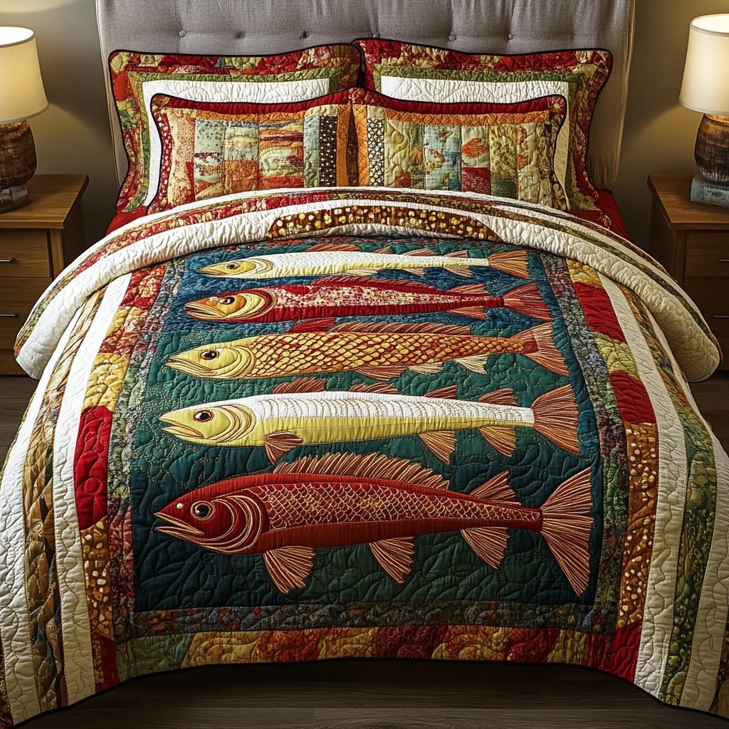 Lakeside Comfort quilted 3-piece bedding set on a made bed with two matching pillow shams