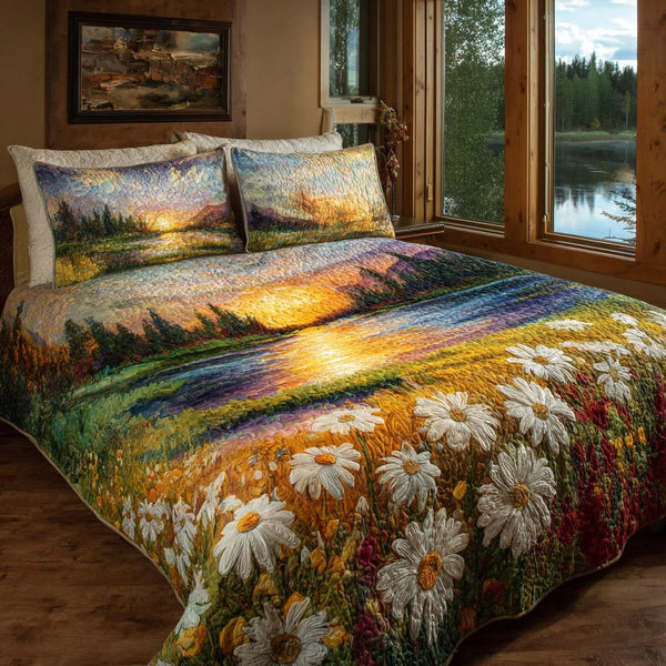 Lakeside Daisy Sunrise quilted 3-piece bedding set on a made bed with two matching pillow shams