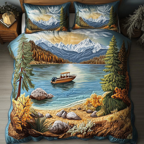 Lakeside Dream quilted 3-piece bedding set on a made bed with two matching pillow shams