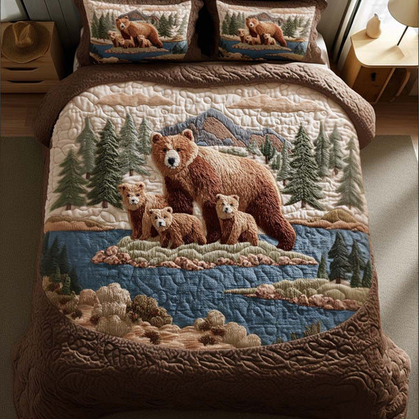 Lakeside Family quilted 3-piece bedding set on a made bed with two matching pillow shams