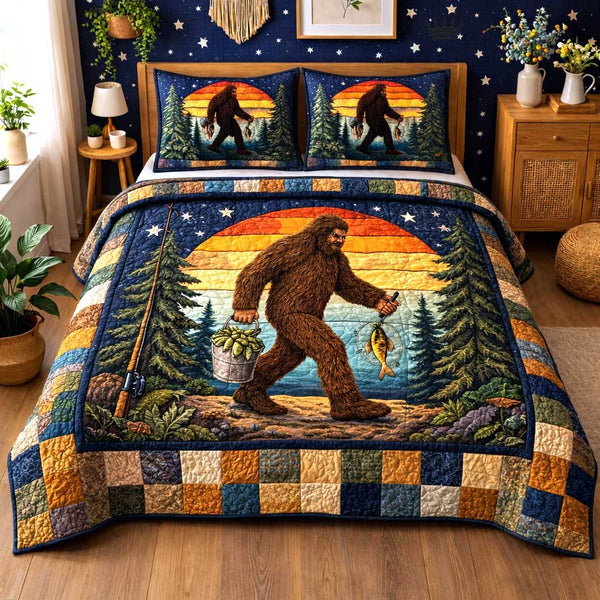 Lakeside Fishing quilted 3-piece bedding set on a made bed with two matching pillow shams
