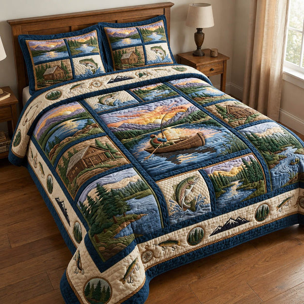 Lakeside Fishing Sunset quilted 3-piece bedding set on a made bed with two matching pillow shams