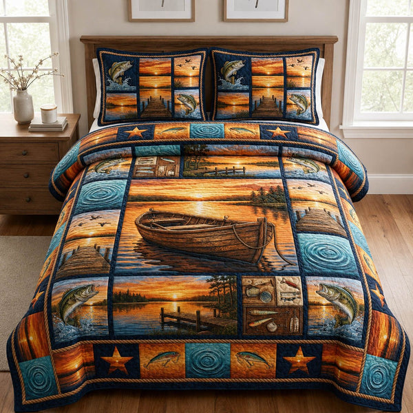 Lakeside Fishing Sunset quilted 3-piece bedding set on a made bed with two matching pillow shams