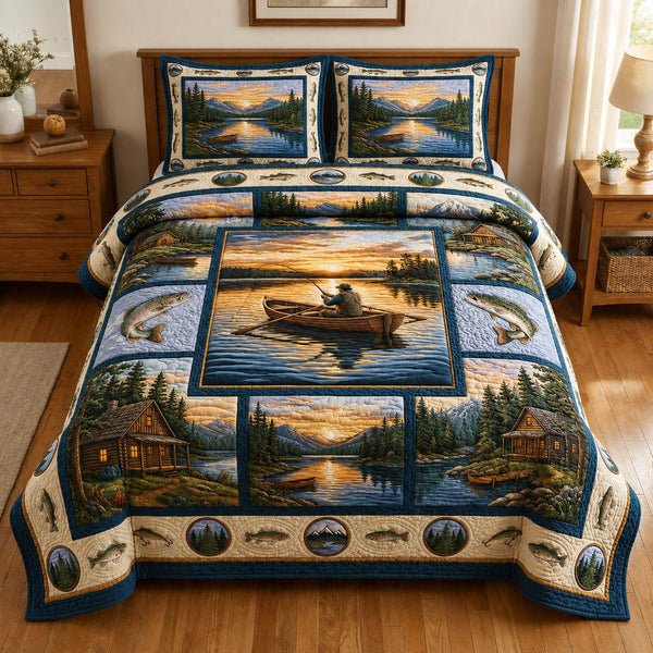 Lakeside Fishing Sunset quilted 3-piece bedding set on a made bed with two matching pillow shams