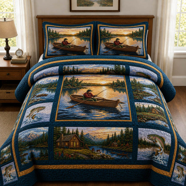 Lakeside Fishing Sunset quilted 3-piece bedding set on a made bed with two matching pillow shams