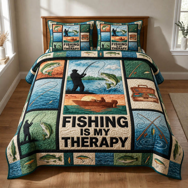 Lakeside Fishing Sunset quilted 3-piece bedding set on a made bed with two matching pillow shams