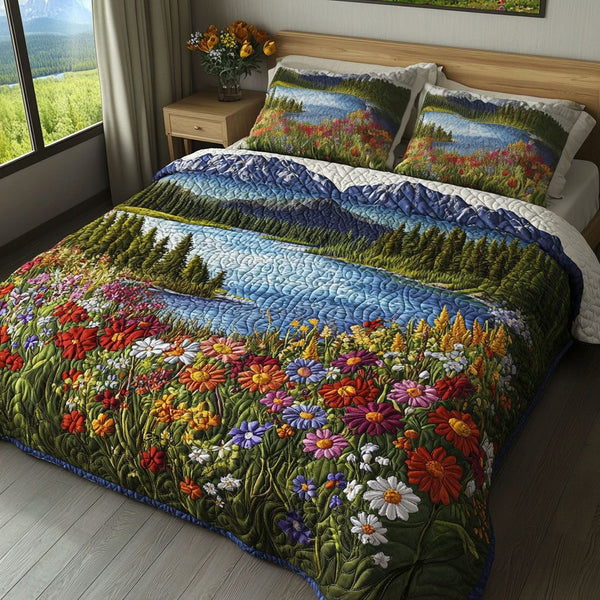 Lakeside Flower Meadow quilted 3-piece bedding set on a made bed with two matching pillow shams