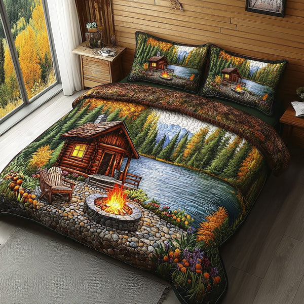 Lakeside Glow quilted 3-piece bedding set on a made bed with two matching pillow shams