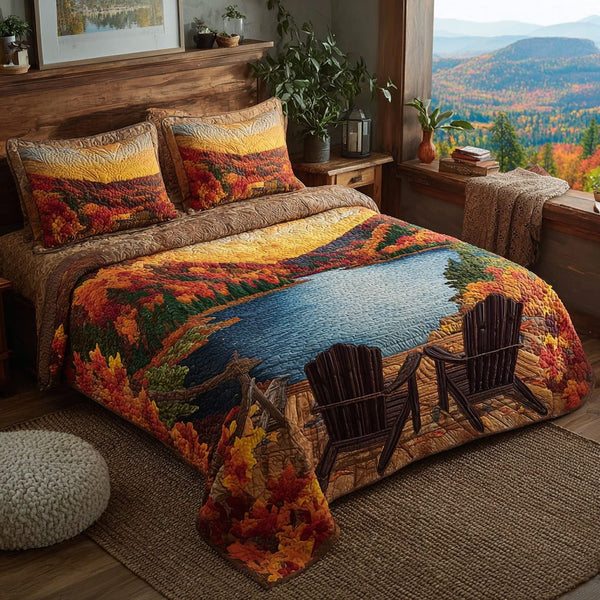Lakeside Harvest quilted 3-piece bedding set on a made bed with two matching pillow shams