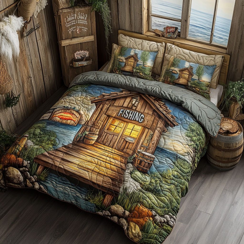 Lakeside Life quilted 3-piece bedding set on a made bed with two matching pillow shams