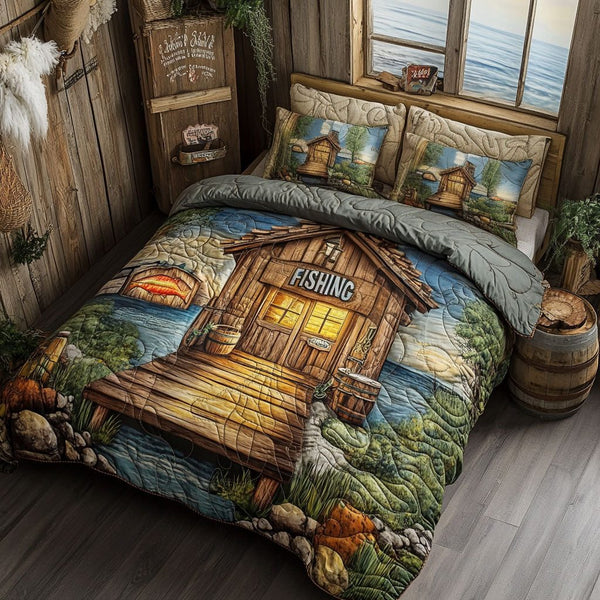 Lakeside Life quilted 3-piece bedding set on a made bed with two matching pillow shams