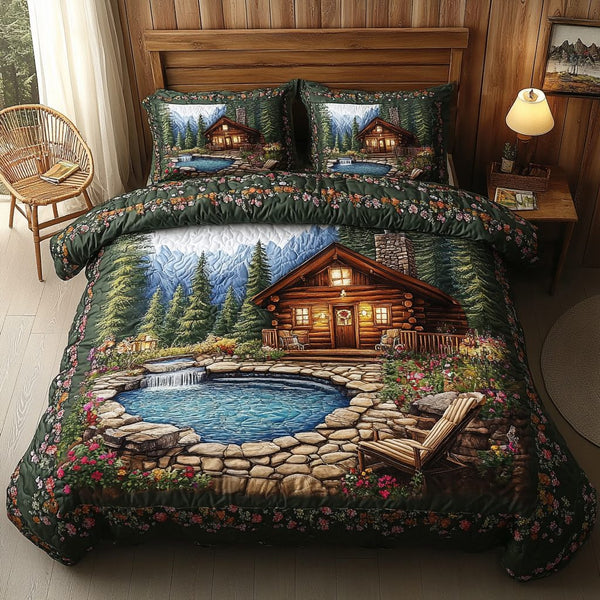 Lakeside Lodge quilted 3-piece bedding set on a made bed with two matching pillow shams