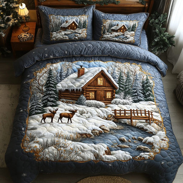 Lakeside Log Cabin quilted 3-piece bedding set on a made bed with two matching pillow shams