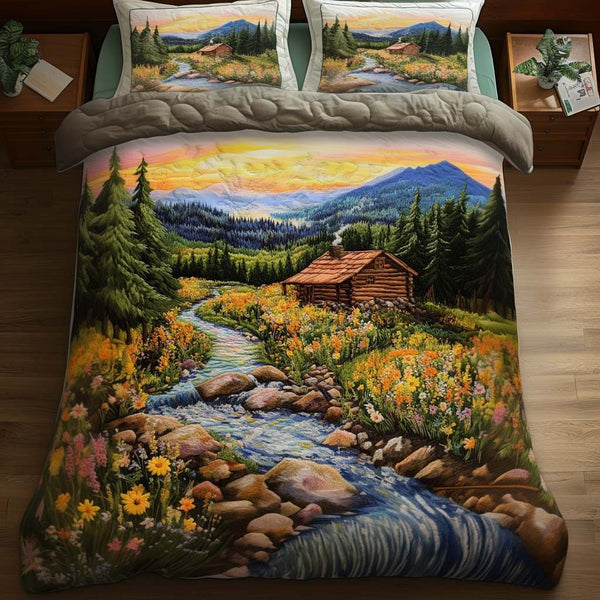 Lakeside Logs quilted 3-piece bedding set on a made bed with two matching pillow shams