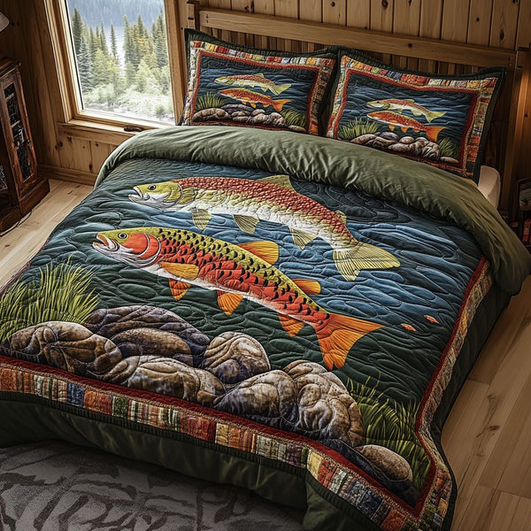 Lakeside Lounger quilted 3-piece bedding set on a made bed with two matching pillow shams
