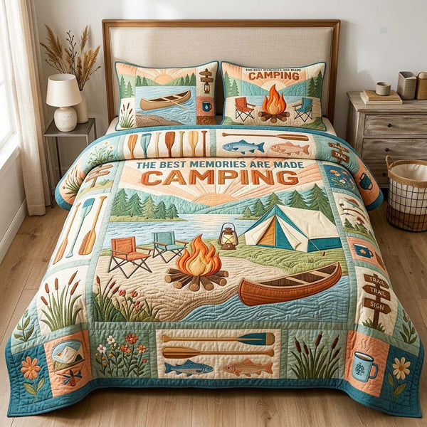 Lakeside Memories quilted 3-piece bedding set on a made bed with two matching pillow shams