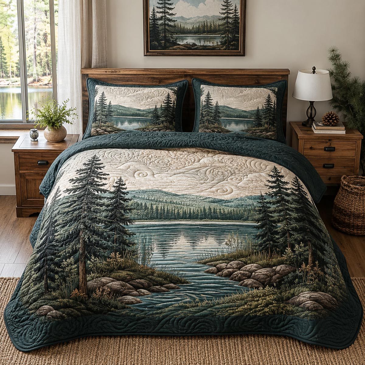 Lakeside Pines quilted 3-piece bedding set on a made bed with two matching pillow shams
