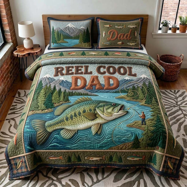 Lakeside Reel Dad quilted 3-piece bedding set on a made bed with two matching pillow shams