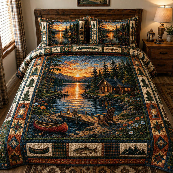 Lakeside Sunset quilted 3-piece bedding set on a made bed with two matching pillow shams