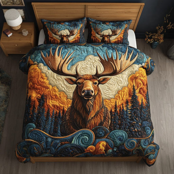 Lakeside Tranquility quilted 3-piece bedding set on a made bed with two matching pillow shams
